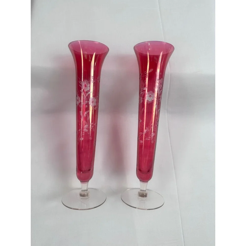 2 Vintage Ruby Red Glass Bud Handblown Vases Etched Floral‎ Design
